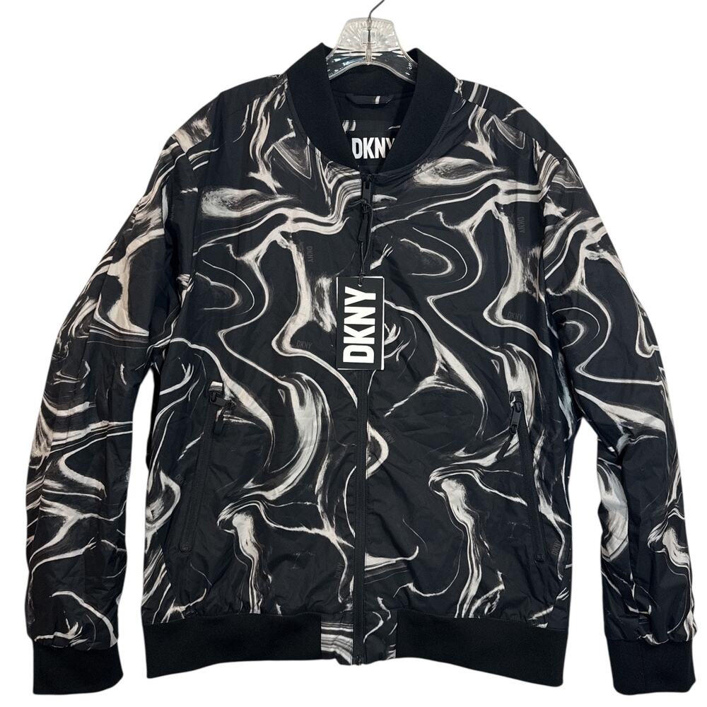 DKNY Men’s Bomber Jacket XL Black Gray Marble Print Water Resistant NWT